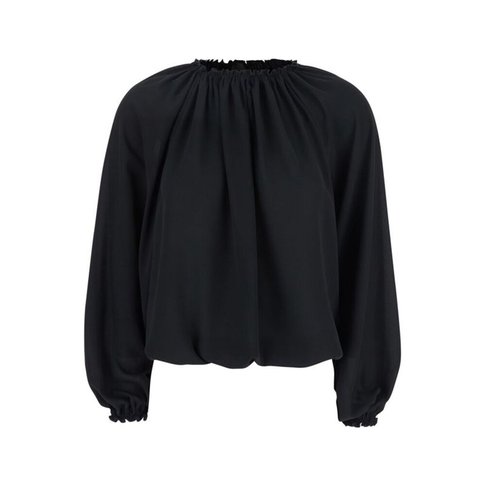 Plain Women Black Top With Dropped Shoulders And Curlsin Fabric Woman
